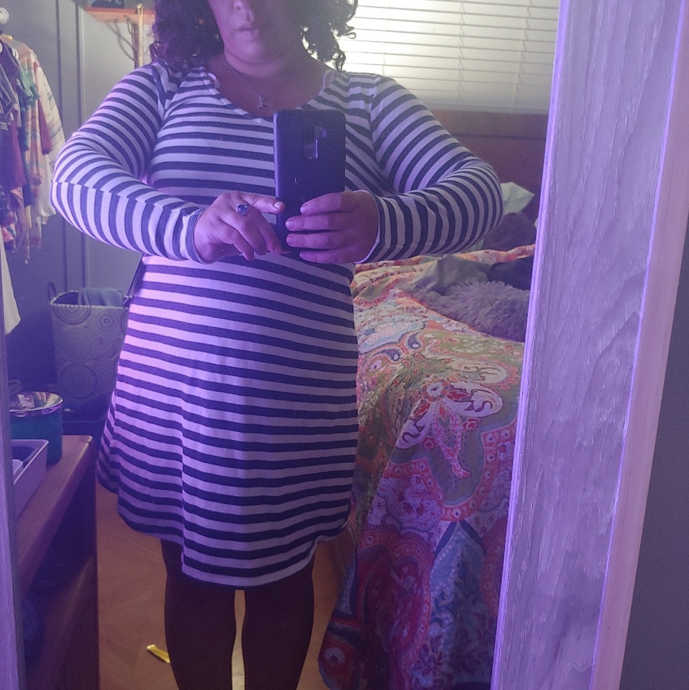 Blue & White Striped French Terry Dress Satin Bow